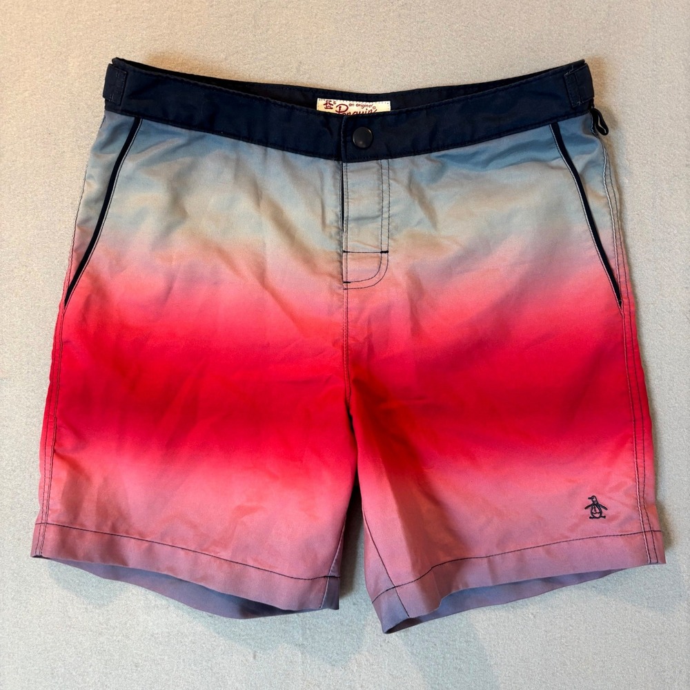 Original Penguin Mens Ombre Sunset Board Shorts Red Blue Swim Trunks Size 30